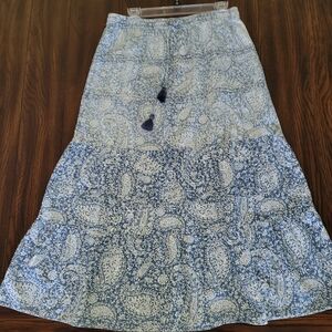 J. JILL DENIM Tiered Skirt Size M Maxi Blue White Floral Cottagecore Boho Beach